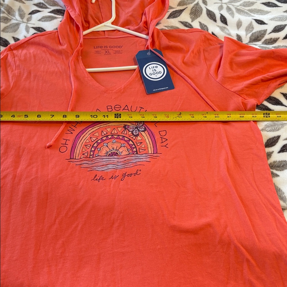 Life is Good Coral Hooded V-Neck Long Sleeve Tee - "Oh What a Beautiful Day" - Picture 7 of 8